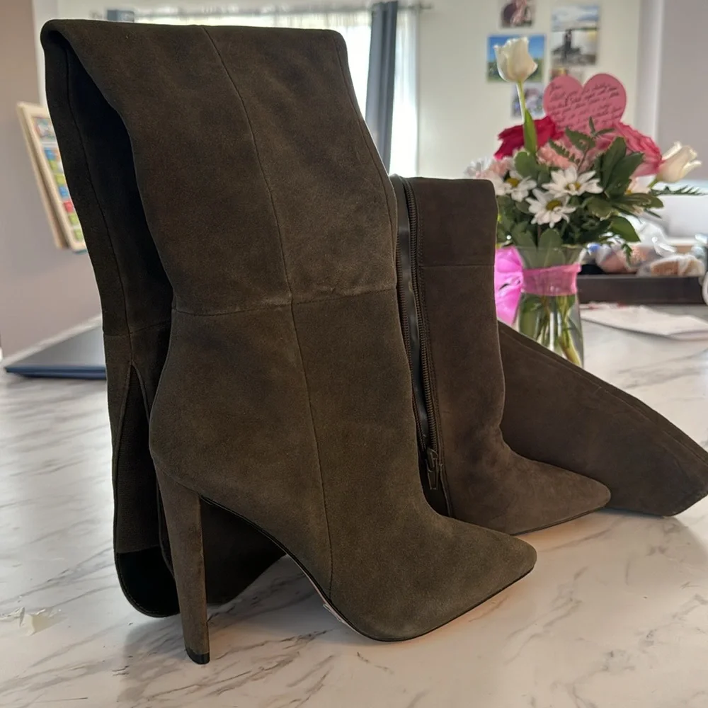 Aldo Over the Knee High Heel Boots Dark Green Suede - Picture 6 of 11